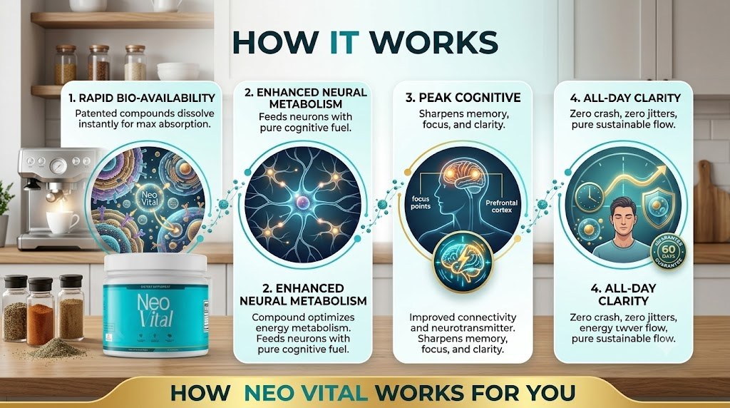 NeoVital four-step how it works: bio-availability, neural metabolism, peak cognitive, all-day clarity